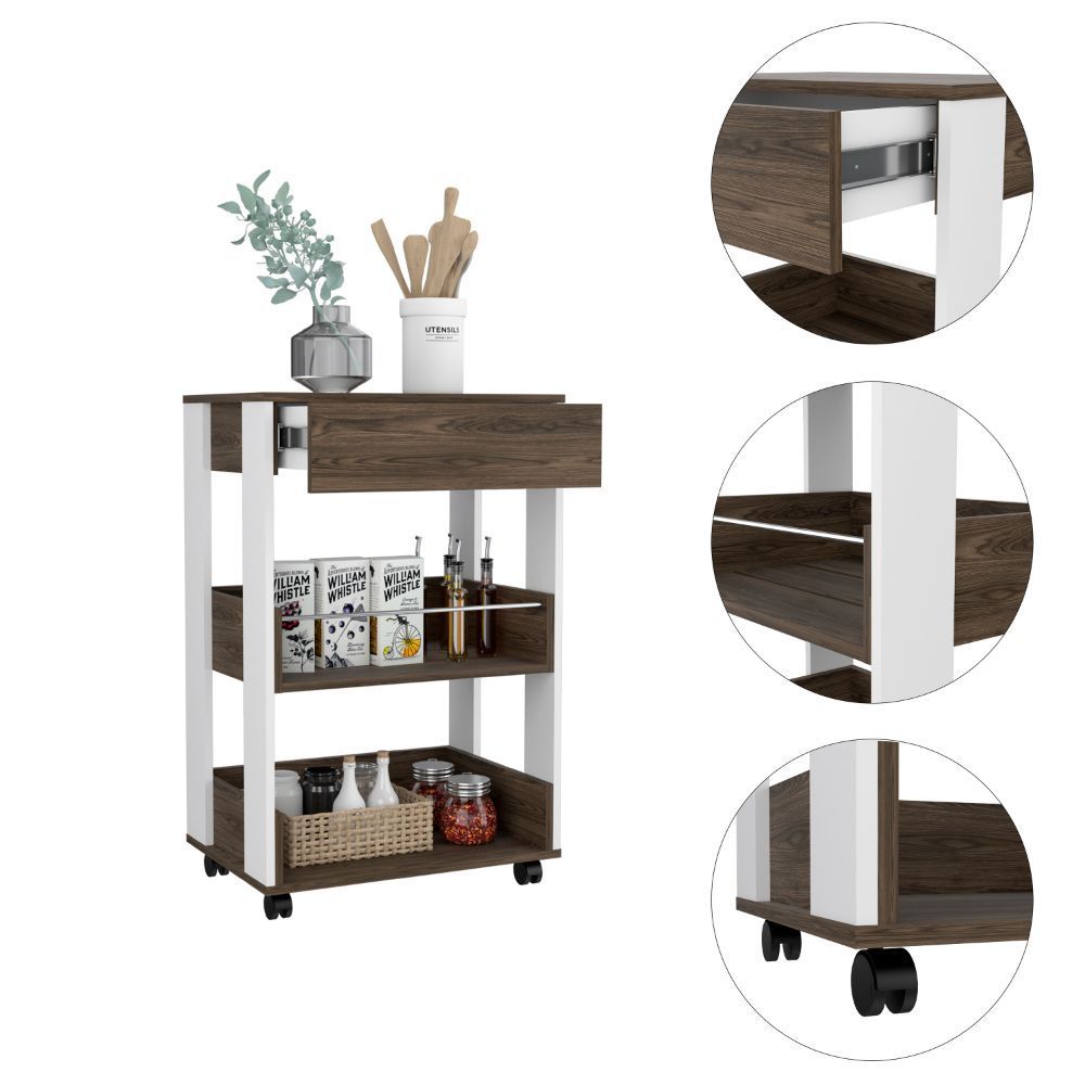 Verona Kitchen Cart Three Shelves, Four Casters - White + Dark Walnut