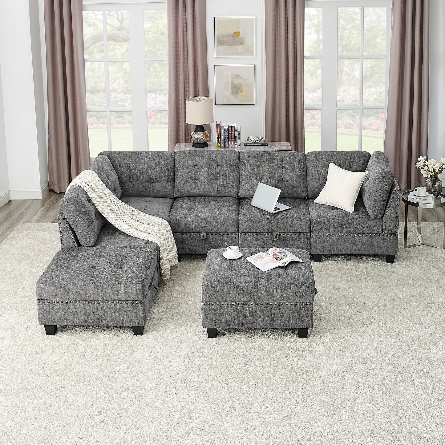 Molly Modular Sectional Sofa Three Single Chair ,Two Corner and Two Ottoman - Grey