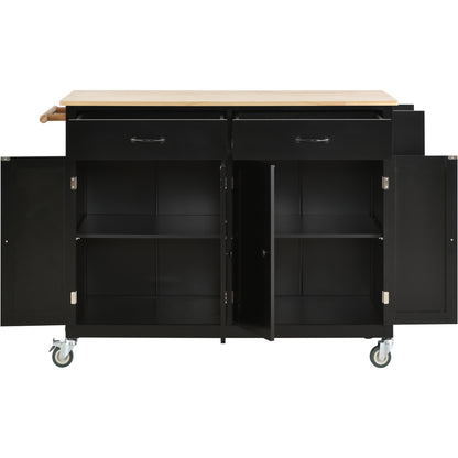 Granite Kitchen Island Cart with Solid Wood Top and Locking Wheels - Black