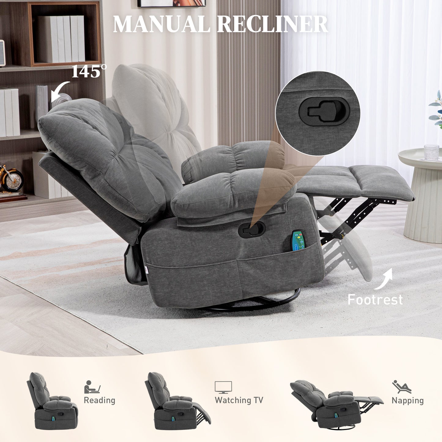 Jova Oversized Swivel Rocker Chair with Heat Vibration Massage - Dark Gray