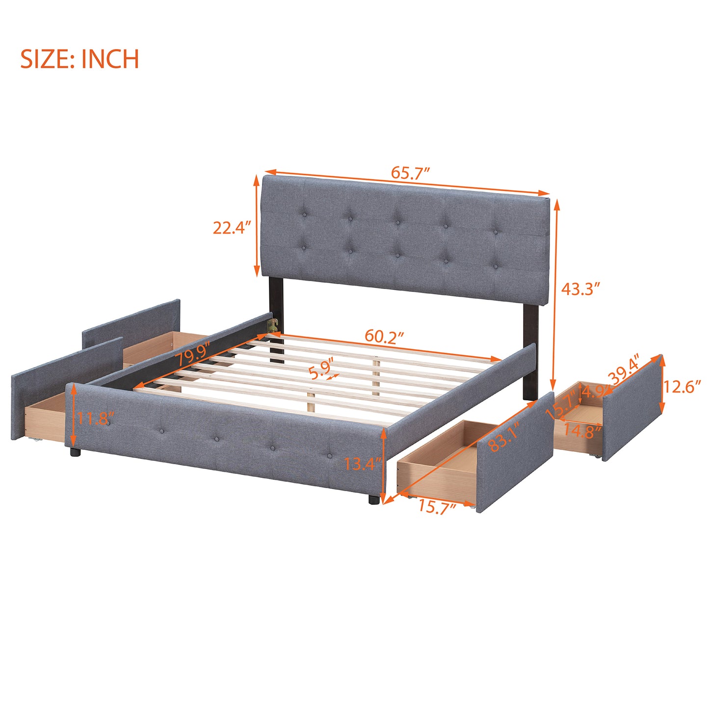 Draco Queen Size Platform Bed with 4 Drawers - Dark Gray