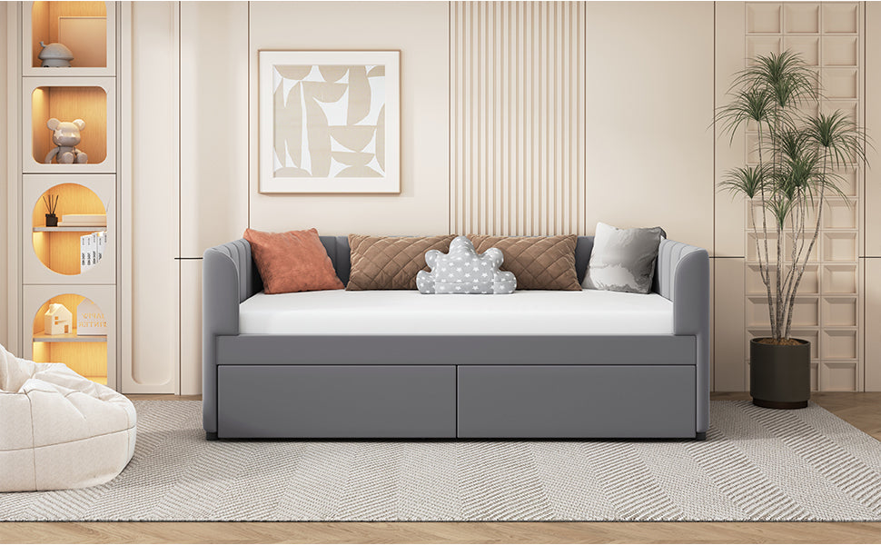 Tano Twin Size Upholstered Daybed with Drawers - Gray