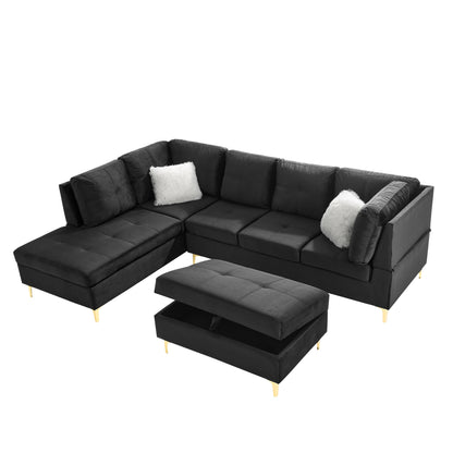 Lenavo Velvet Sectional Sofa - Black