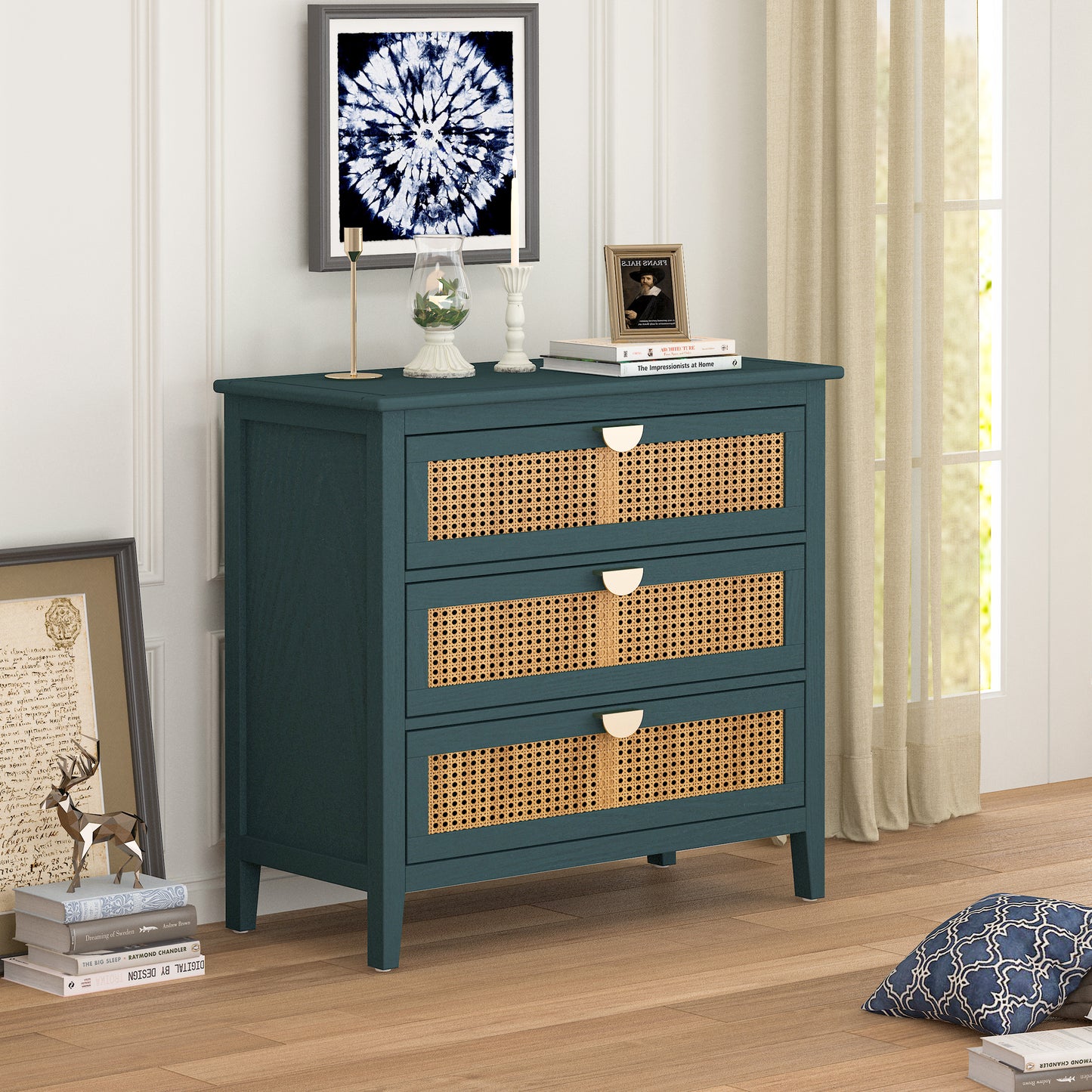 Valerie Natural Rattan 3 Drawer Cabinet - Green