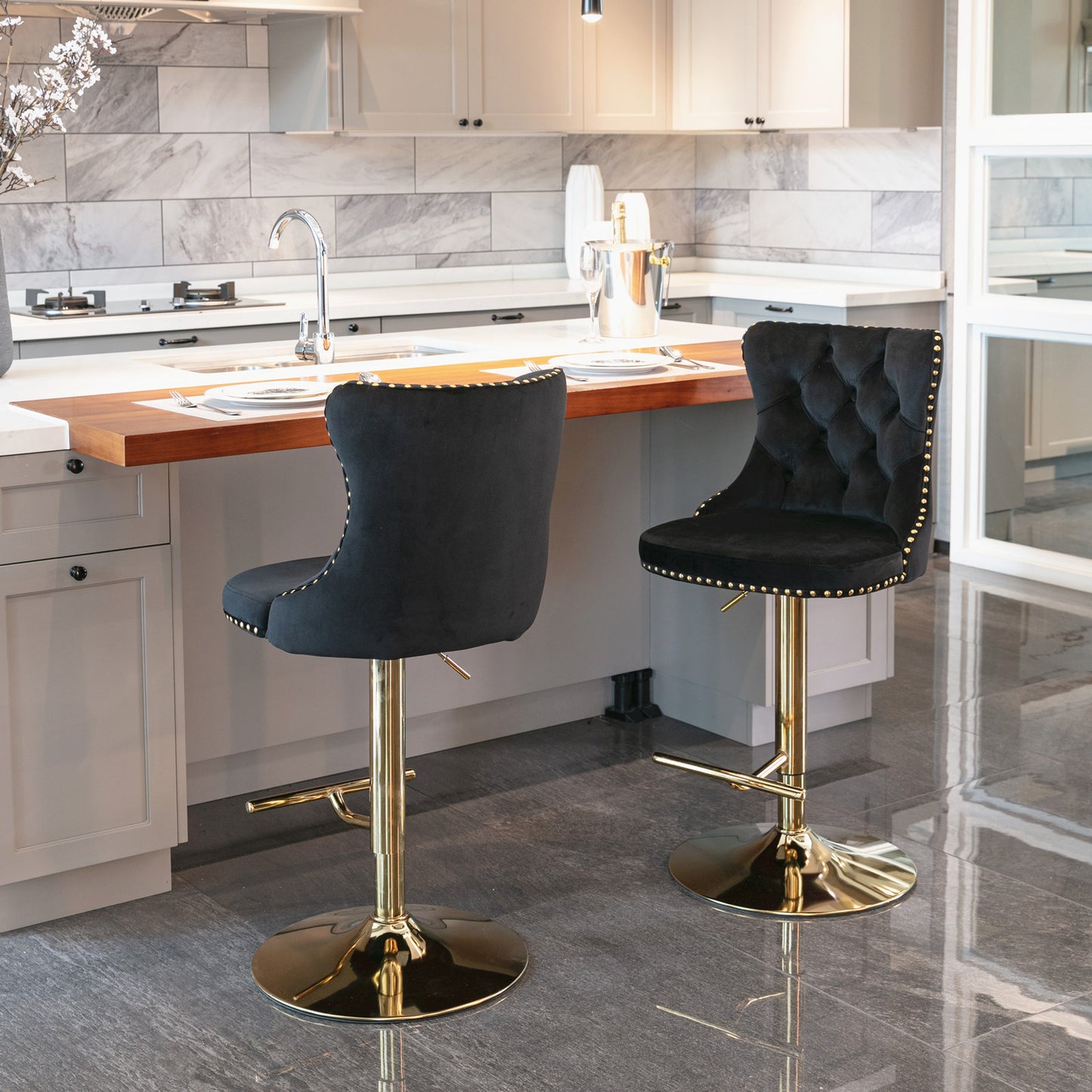 Stellar Golden Swivel Velvet Barstools Adjusatble Height - Black Set of 2