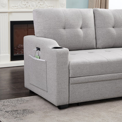 Mabel Linen Fabric Sleeper Sectional with cupholder, USB charging port and pocket - Light Gray