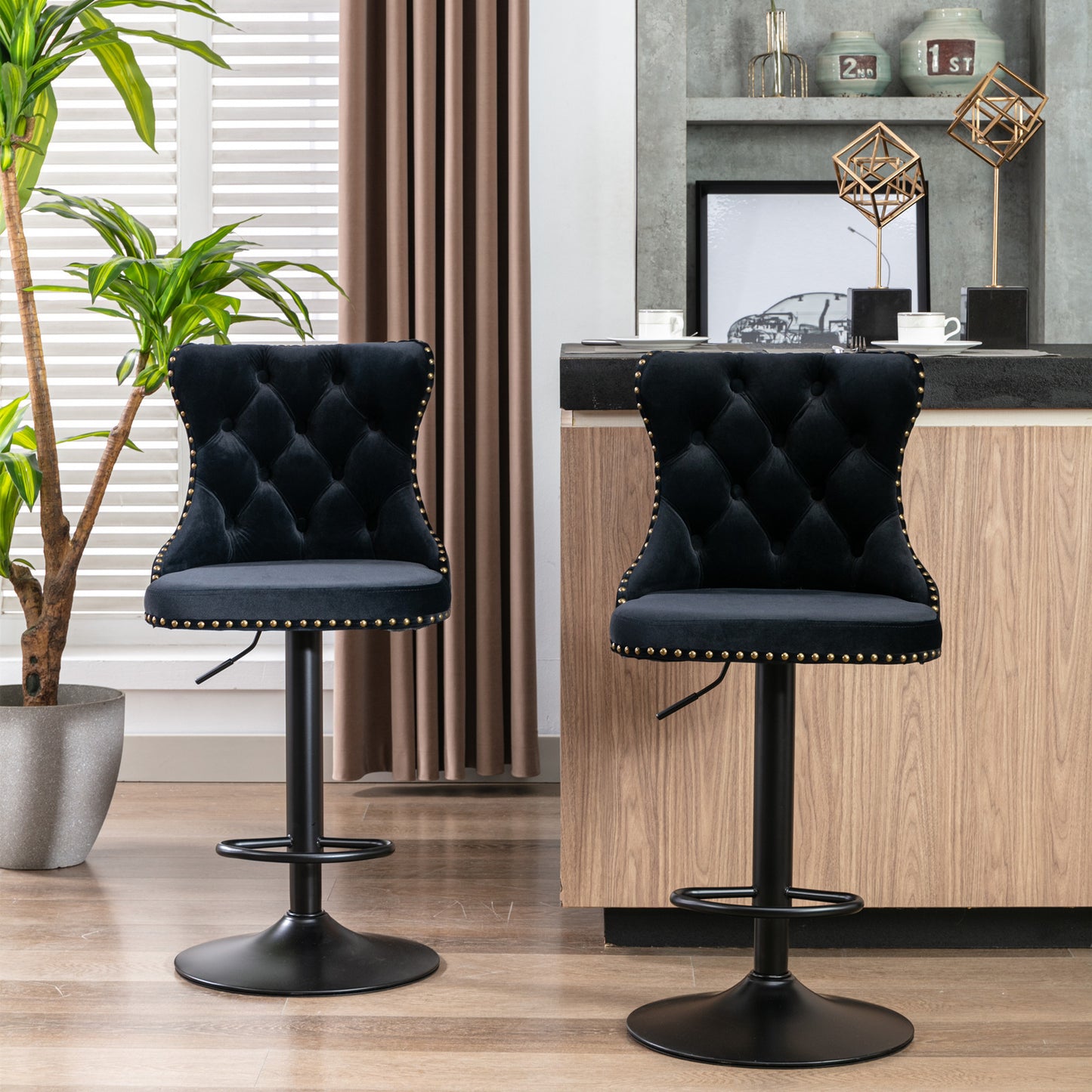 Rise 180 Velvet Barstools Adjusatble Seat Height - Black Set of 2