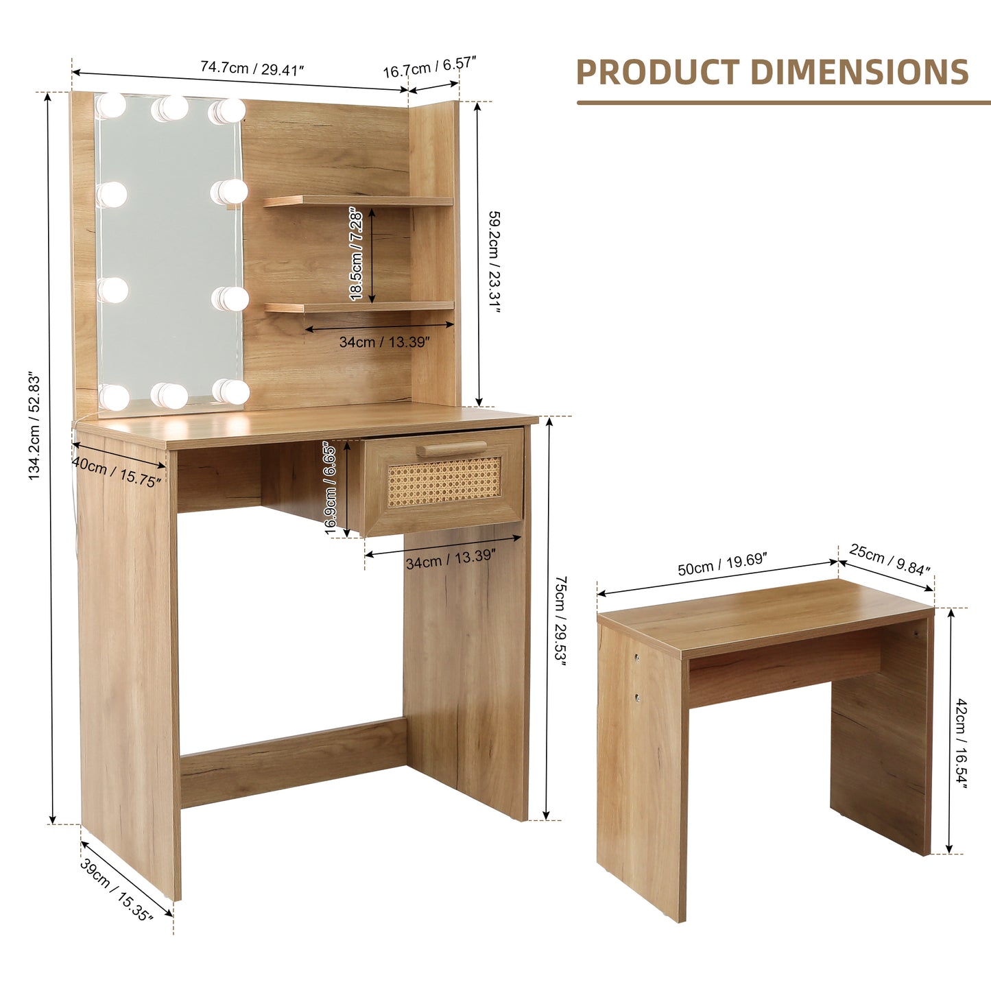 Brooks II Vanity Desk Set With LED Lighting Mirror - Natural