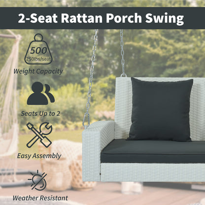 Paz2-Person Wicker Hanging Porch Swing (White Wicker, Gray Cushion)