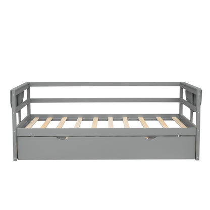 Tumo Twin Size Daybed with Trundle and Foldable Shelves - Gray