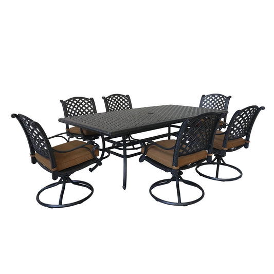 Neda 7 Pc 86" Aluminum Rectangular Dining Set with Cushions (Swivel Chairs) - Brown