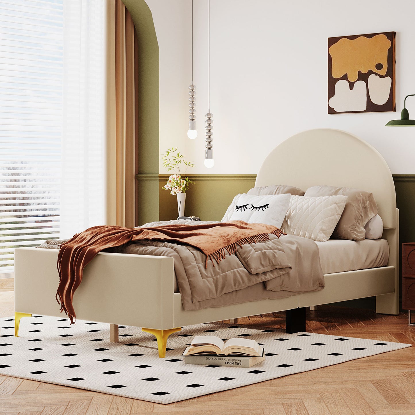 Lynn Twin Size Velvet Platform Bed w Mental Legs - Beige