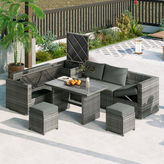 Eliana 6 Pc Outdoor All Weather PE Rattan Sectional Sofa Set - Gray