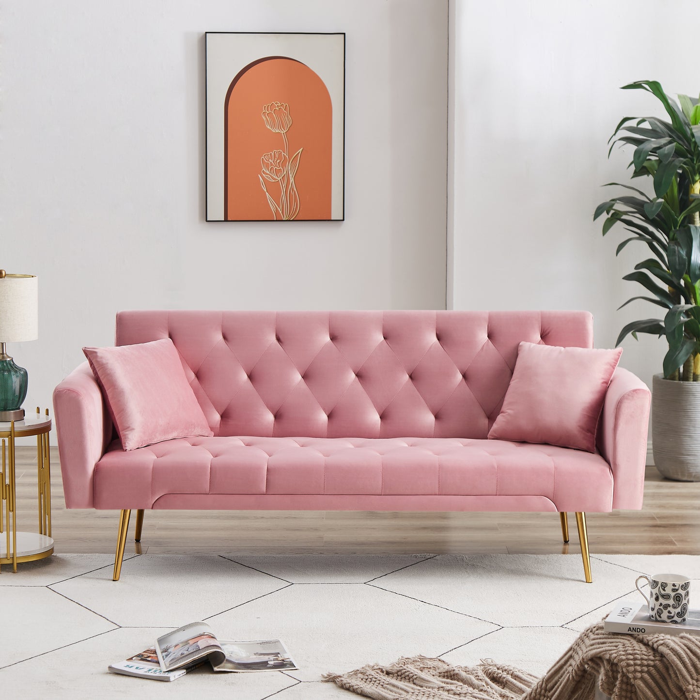 Kona Velvet Futon Sofa Bed with Metal Legs - Pink