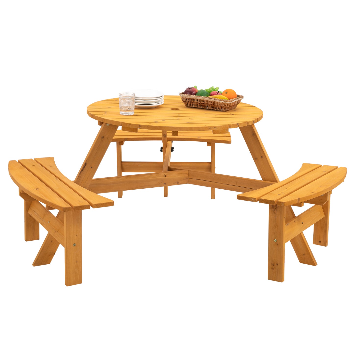 Nix 6-Person Circular Outdoor Wooden Picnic Table - Natural