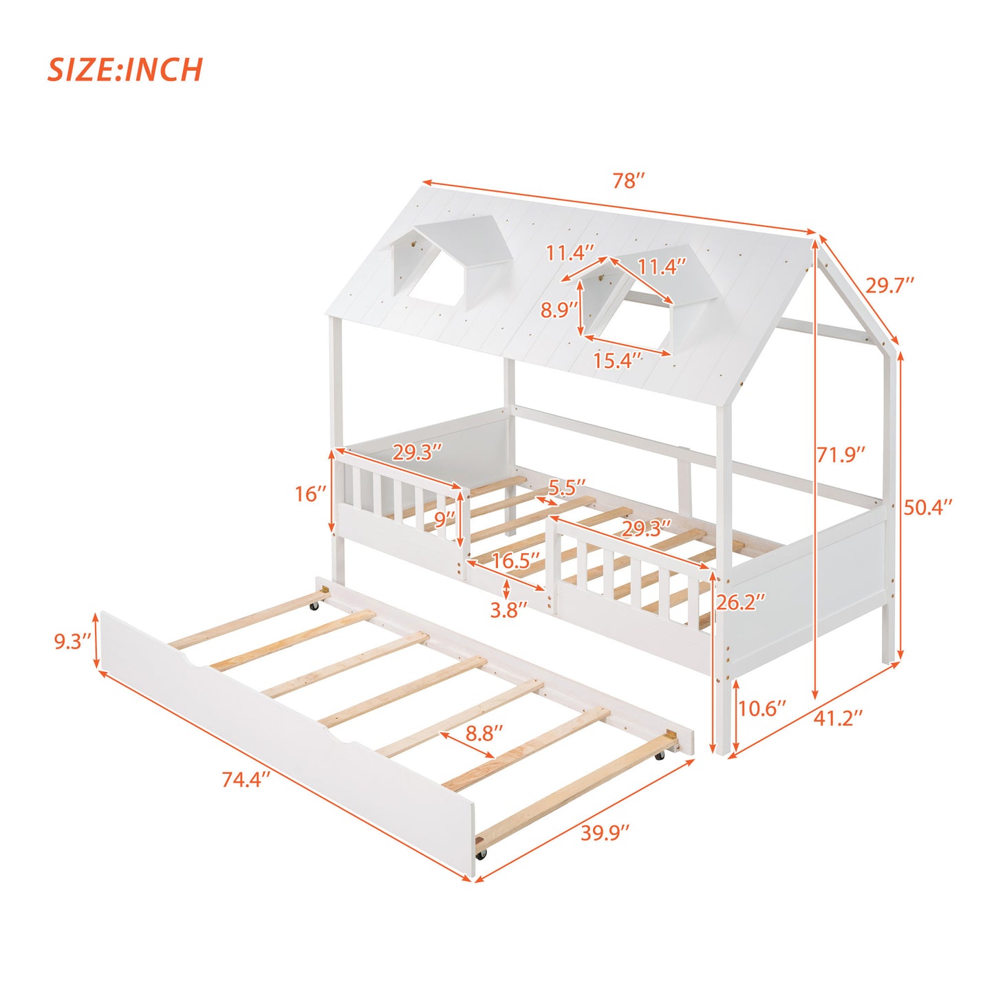 Dreamy Haven Twin House Bed with Trundle (White)