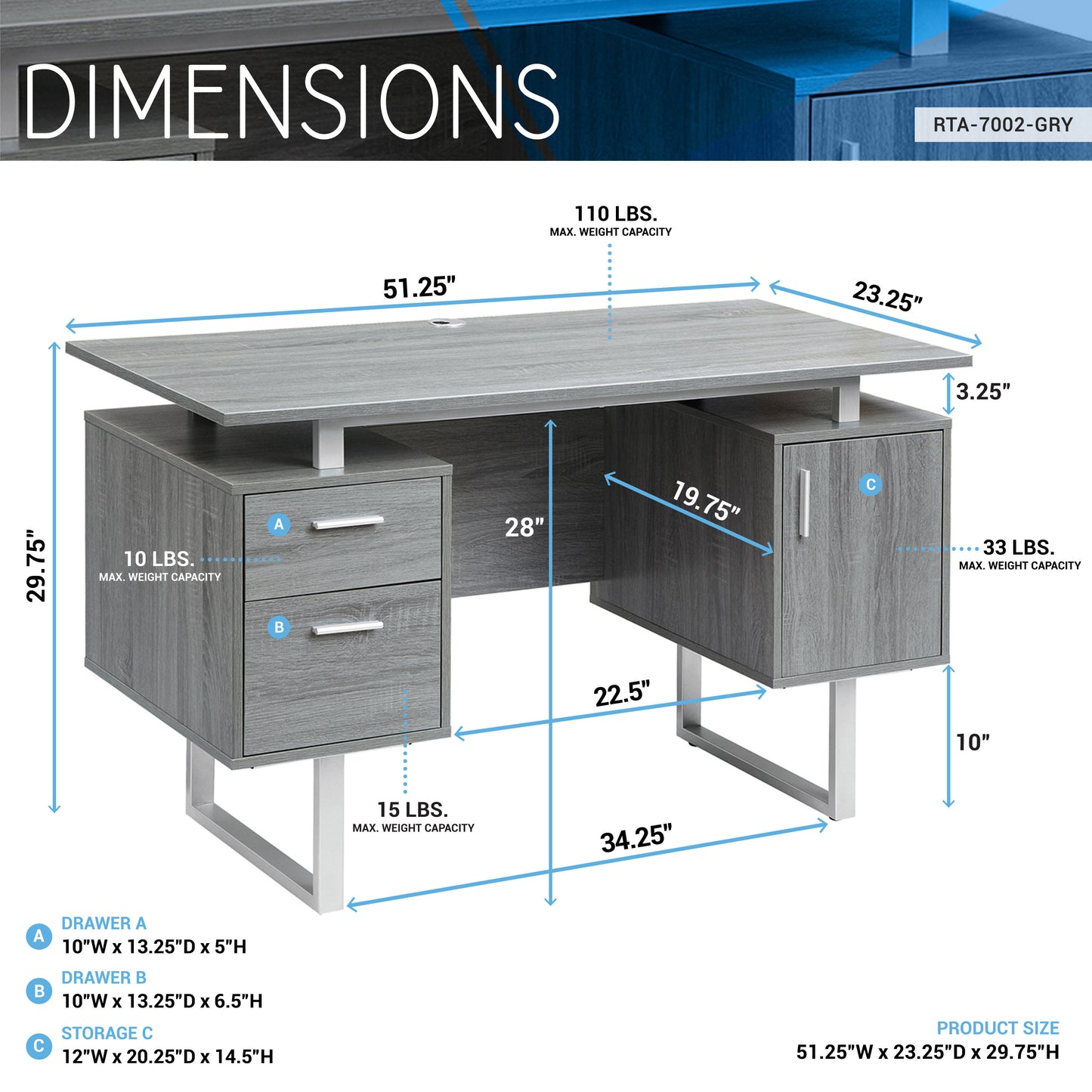 Tech Max Office Essentials Desk - Grey