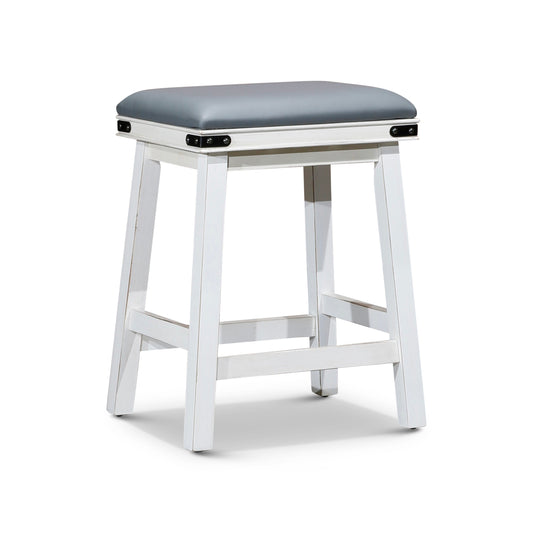 Flat Counter Stool, Antique White, Gray Leather Seat