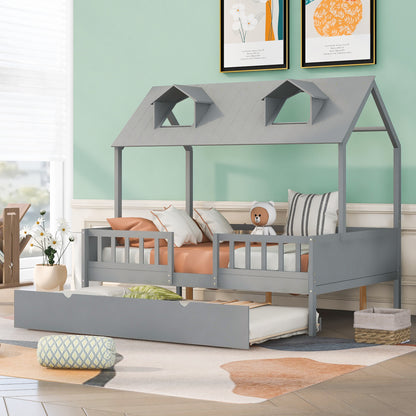 Full Size House Bed with Twin Size Trundle (Gray)