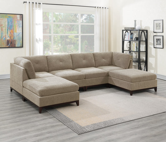 Khal Camel Chenille Fabric Modular Sectional 6pc Set 2x Corner Wedge 2x Armless Chairs and 2x Ottomans