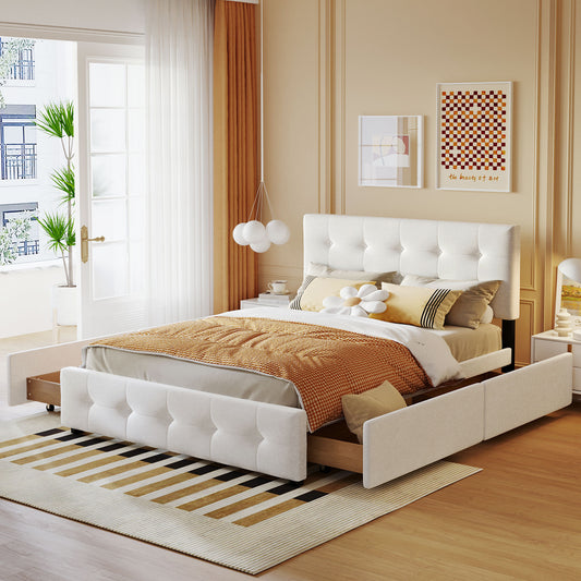 Draco Queen Size Platform Bed with 4 Drawers - White