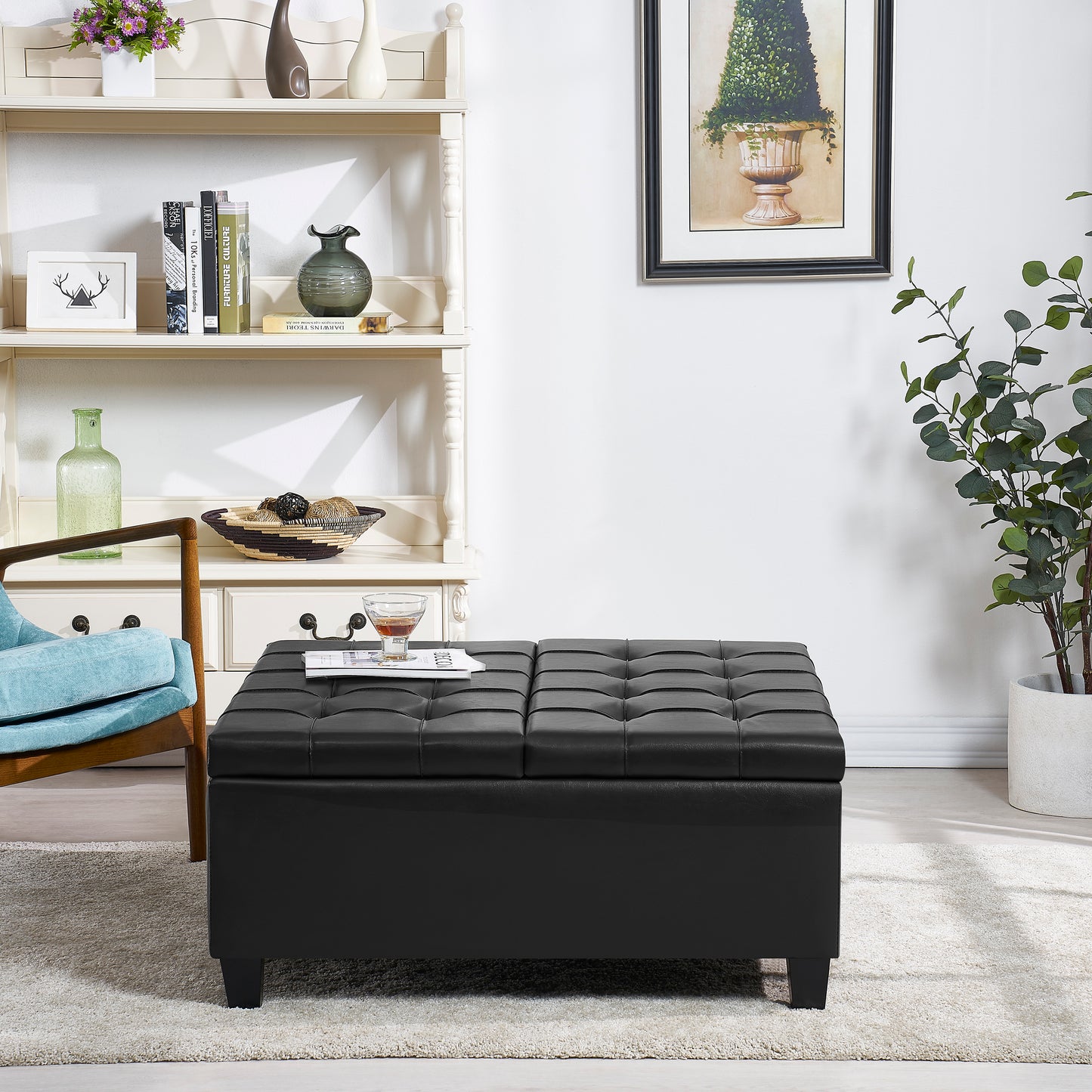 Square Faux Leather Storage Ottoman - Black