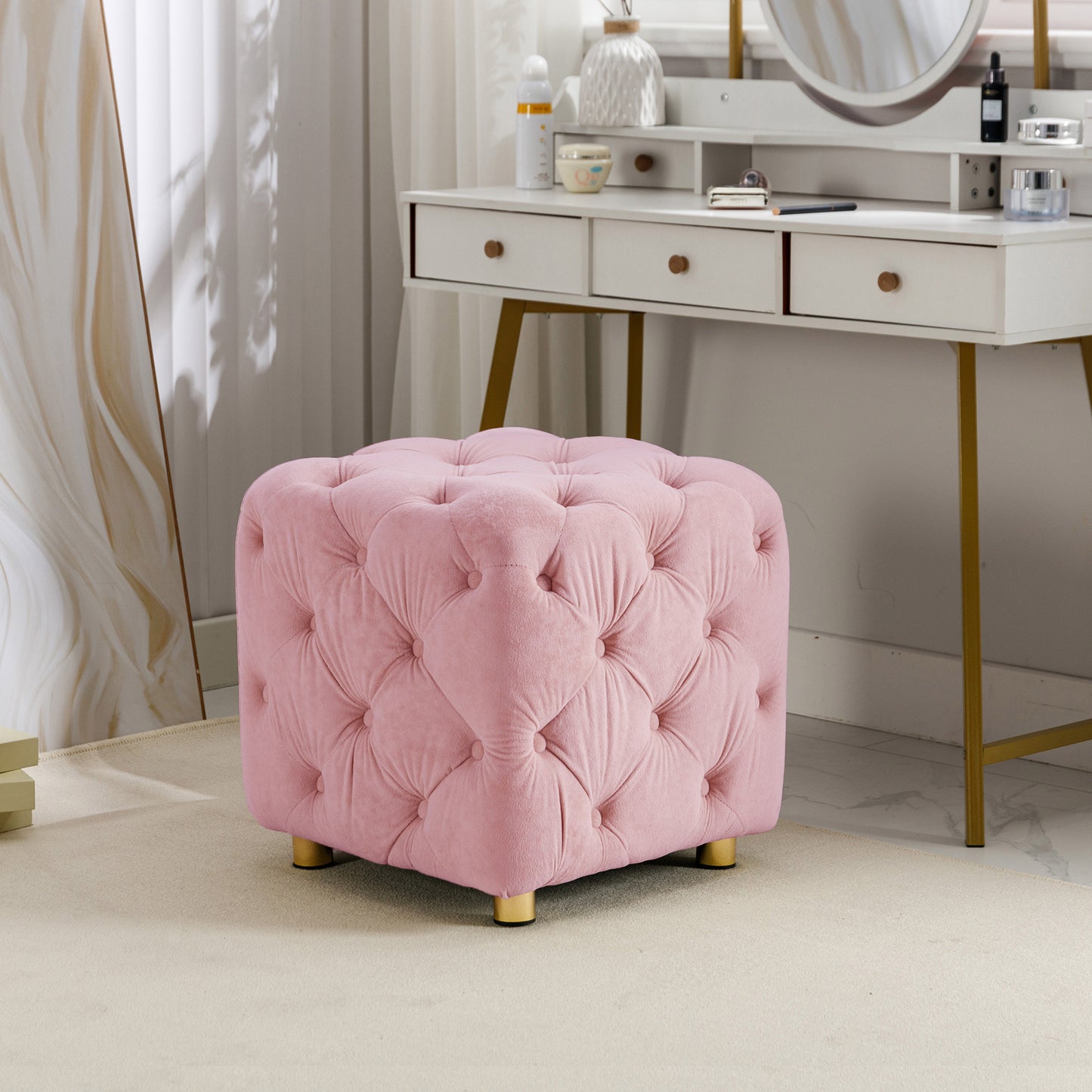 Velvet Upholstered Vanity Seat - Pink