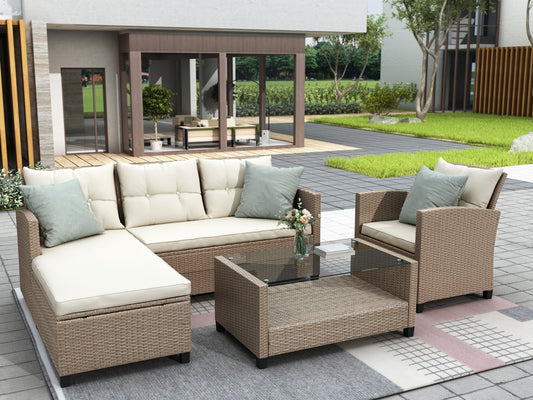 Lorimer 4 Pc Outdoor Patio Rattan Sectional Sofa Set - Beige