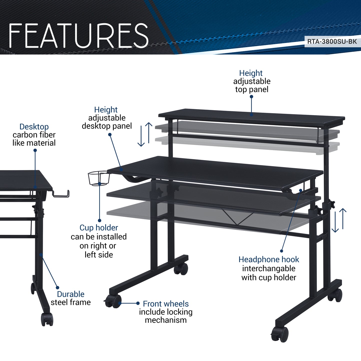 Tech Flex Adjustable Writing Desk with Shelf - Black