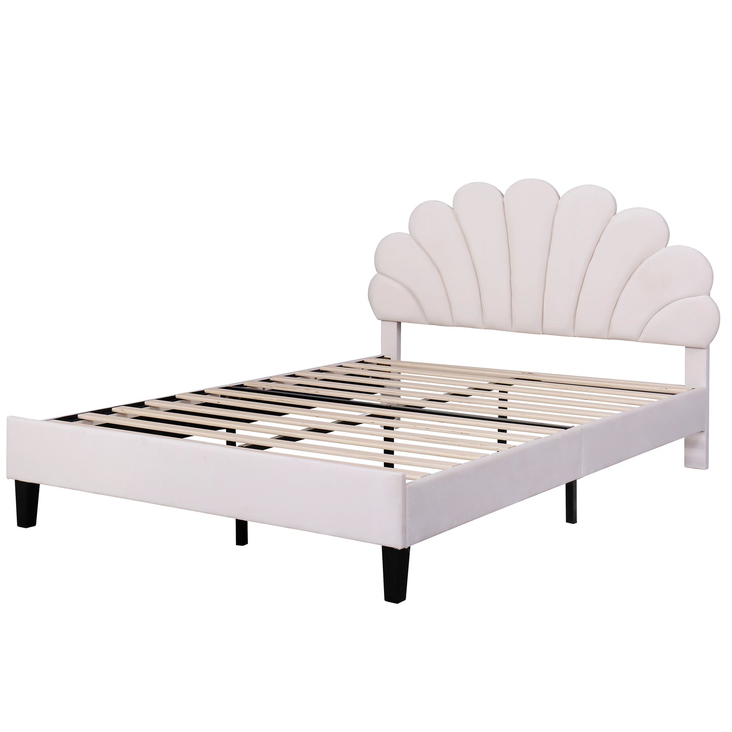 Floral Bliss Full Size Velvet Platform Bed Frame - Beige