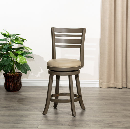 Counter Height Slat Back Swivel Stool, Weathered Gray Finish, French Gray Leather Seat