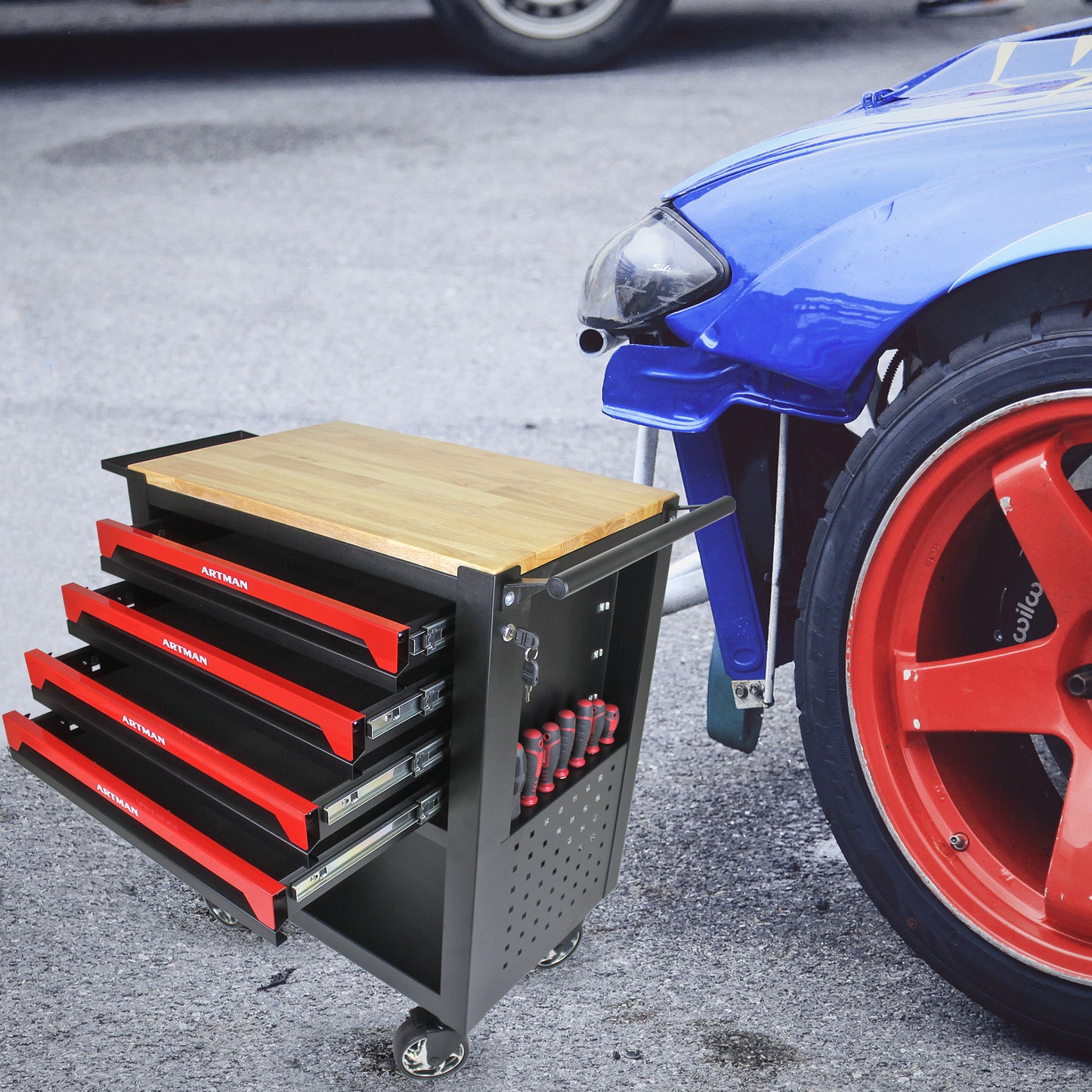 Master 4 Drawers Multifunctional Tool Cart With Wheels and Wooden Top