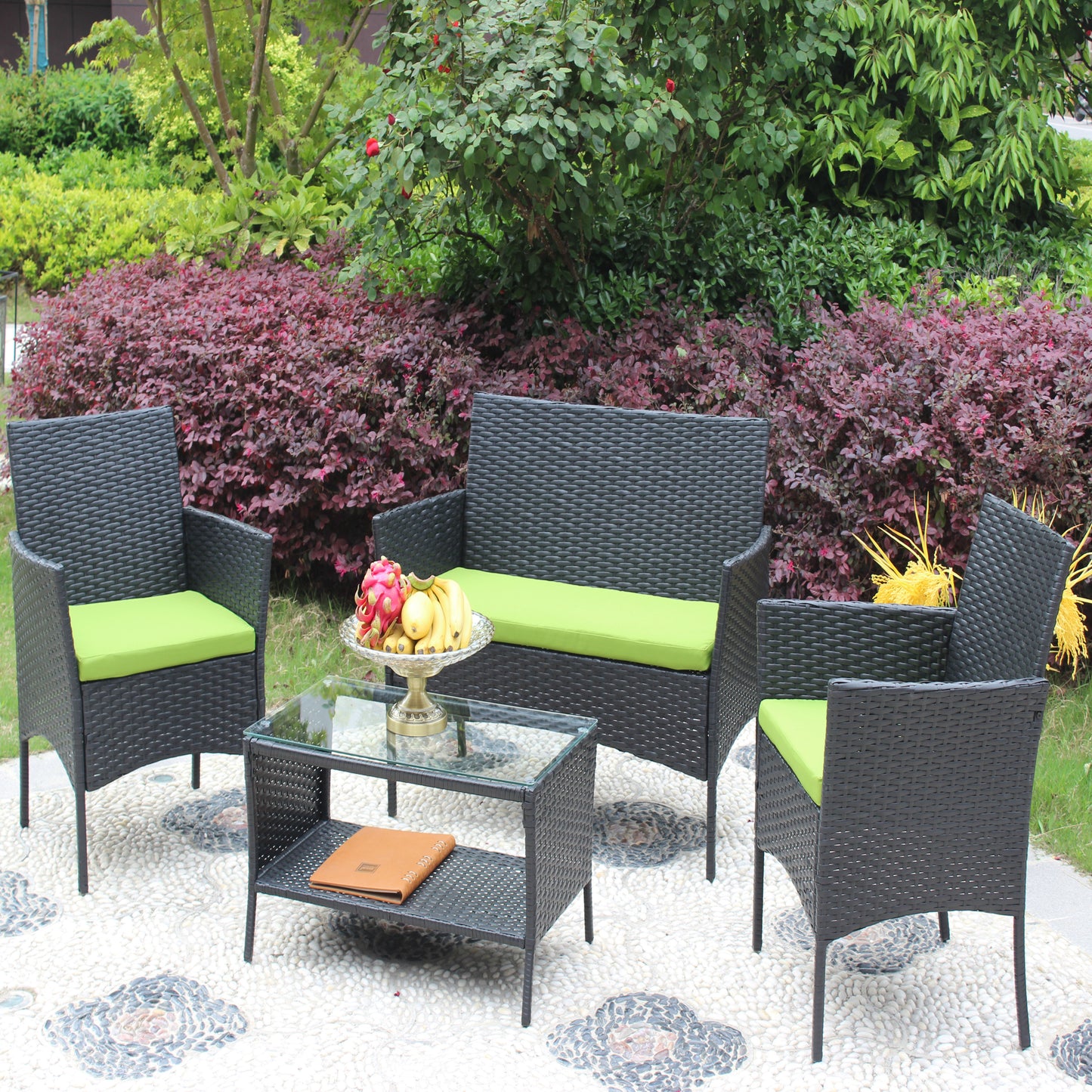 Miola 4 Pc Outdoor Patio Wicker Ratten Furniture Set - Green Cushion