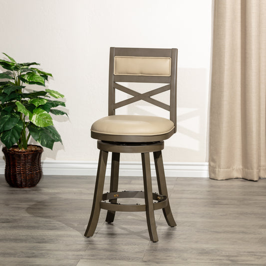 Counter Height X-Back Swivel Stool, Weathered Gray Finish, French Gray Leather Seat