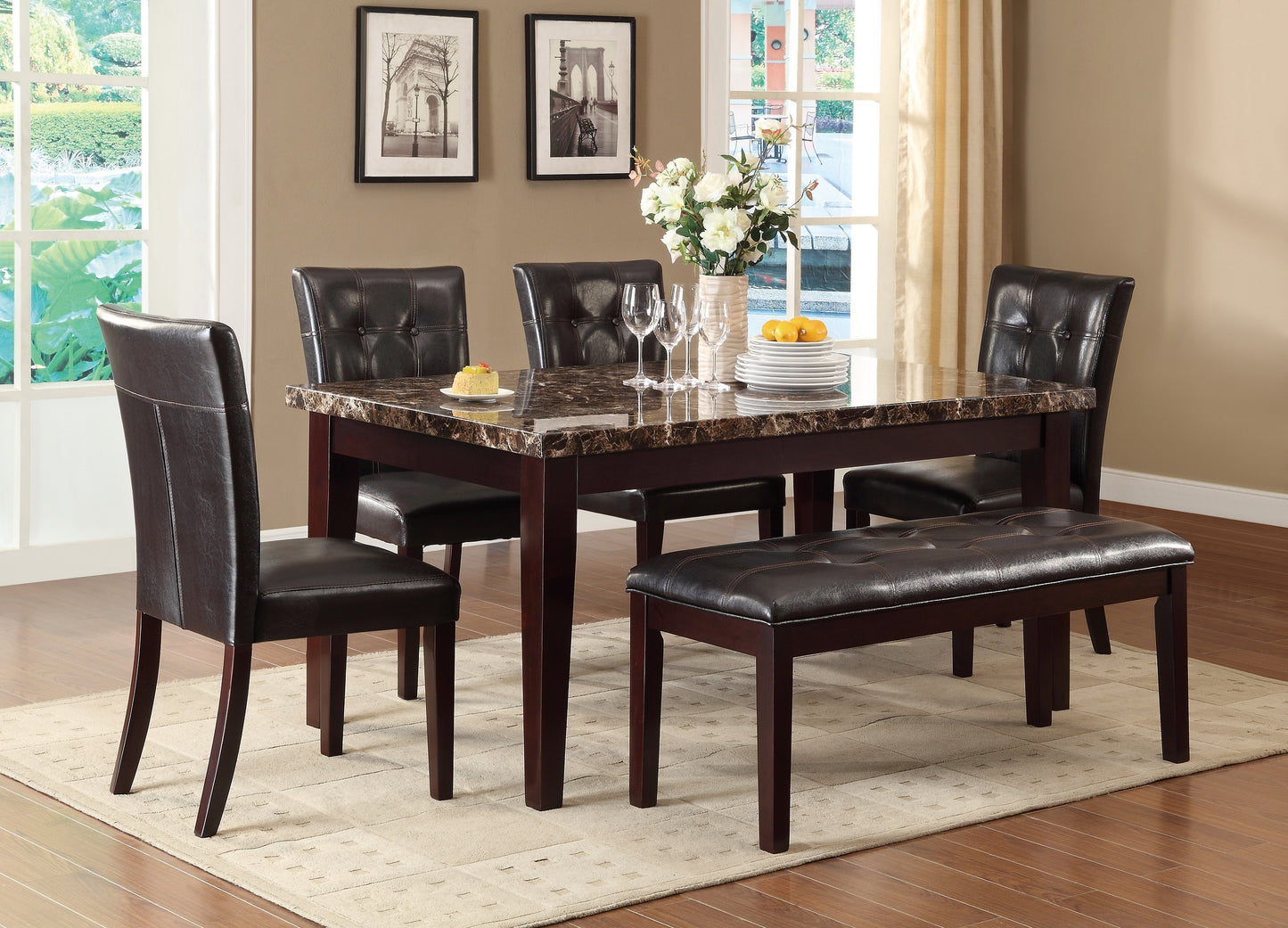 Tammy 6pc Set Dining Faux Marble Top Table and 4x Side Chairs