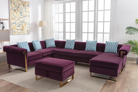 Maddie Velvet 7-Seater Sectional Sofa with Reversible Chaise and Ottoman - Purple