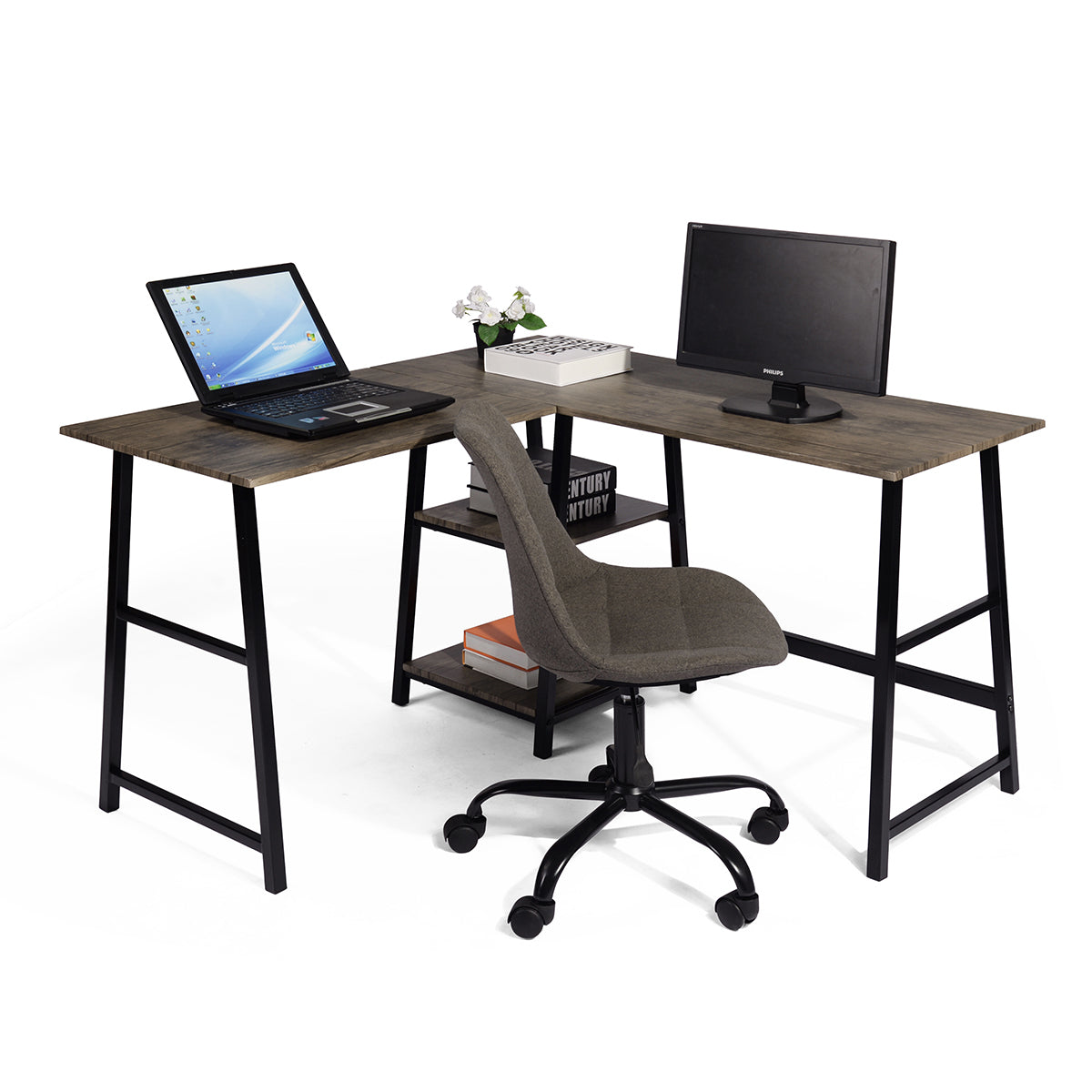 L-Shaped Corner Computer Desk with Open Shelves