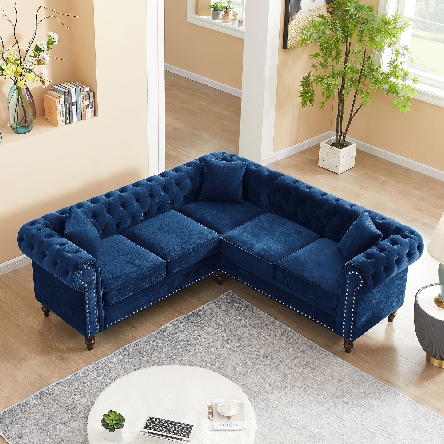 Nest Velvet Button Tufted L-shaped Sofa - Blue