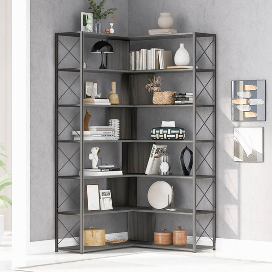 L-Shaped Corner Bookcase - Silver+Grey