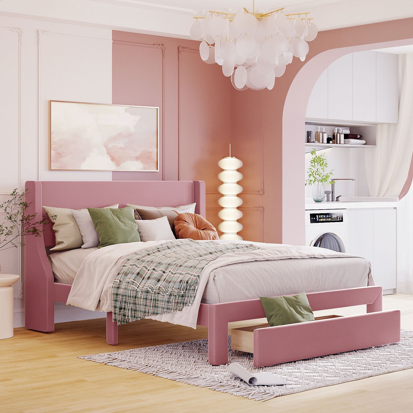 Renni Queen Size Velvet Platform Bed Frame with Drawer - Pink