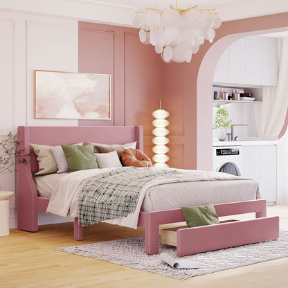 Renni Queen Size Velvet Platform Bed Frame with Drawer - Pink