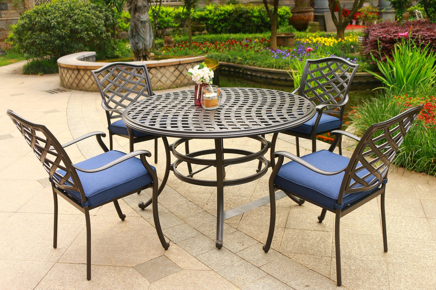 Brino 5 Pc 49" Aluminum Round Dining Set with Cushions - Navy Blue