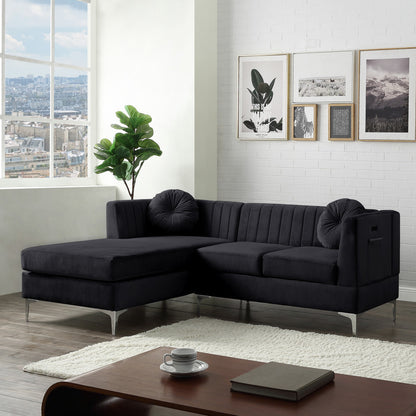 Chloe Velvet Sectional Sofa Chaise with USB Charging Port - Black