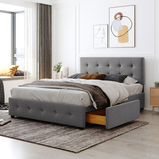 Draco Queen Size Platform Bed with 4 Drawers - Light Gray