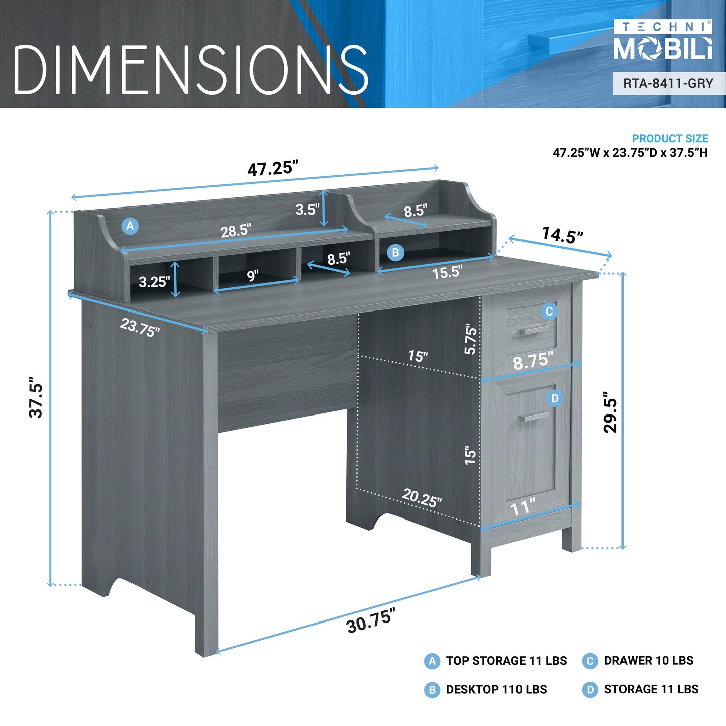 Tech Max Office Essentials Desk - Grey