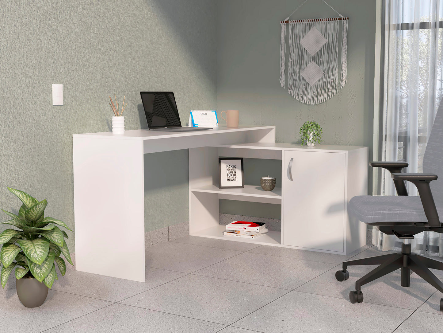 Lyncliff 1-Drawer 2-Shelf L-Shaped Office Desk- White