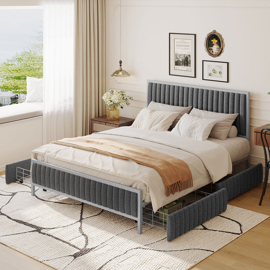 Maza Queen Size Metal Frame Upholstered Bed w Drawers - Gray