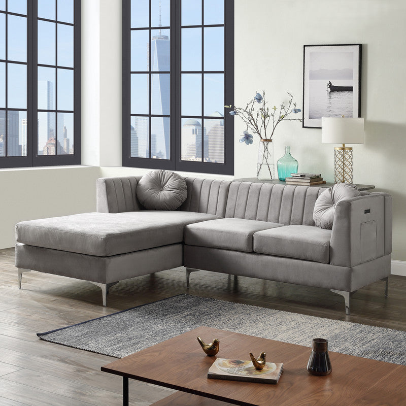 Chloe Velvet Sectional Sofa Chaise with USB Charging Port - Gray