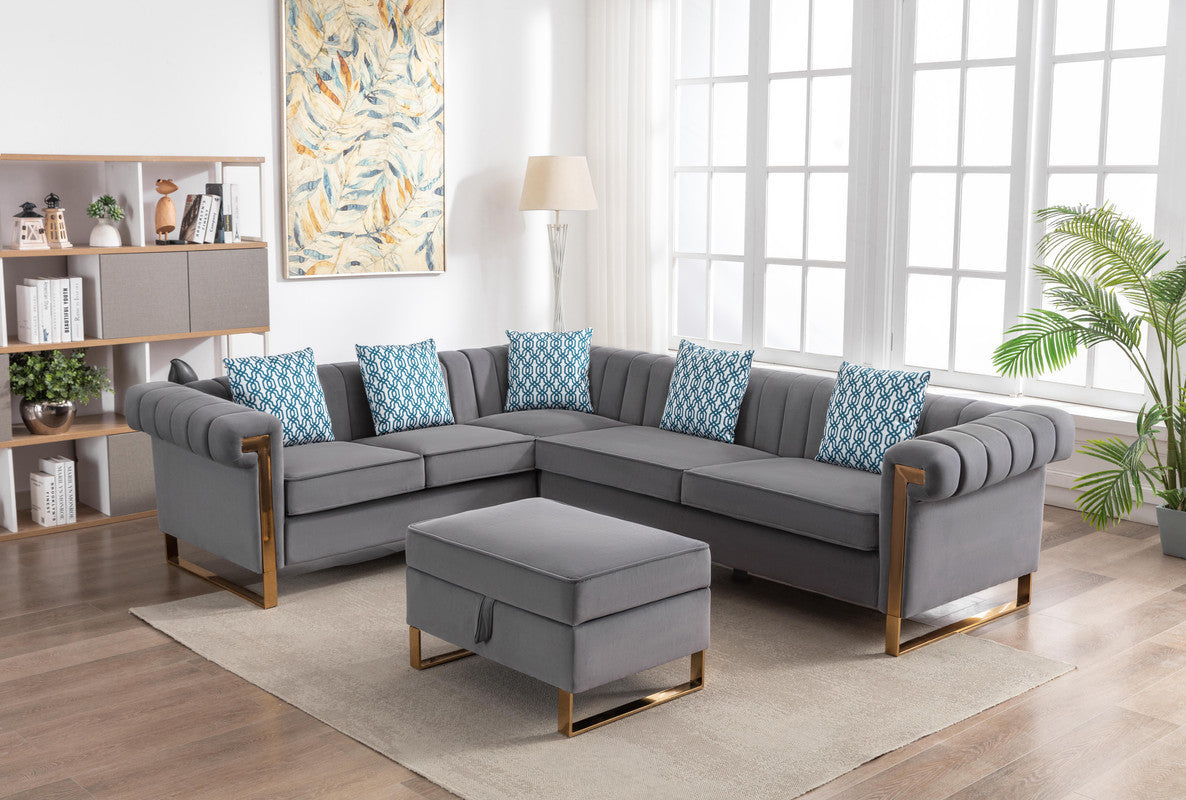 Maddie Velvet 6-Seater Sectional Sofa with Storage Ottoman - Gray