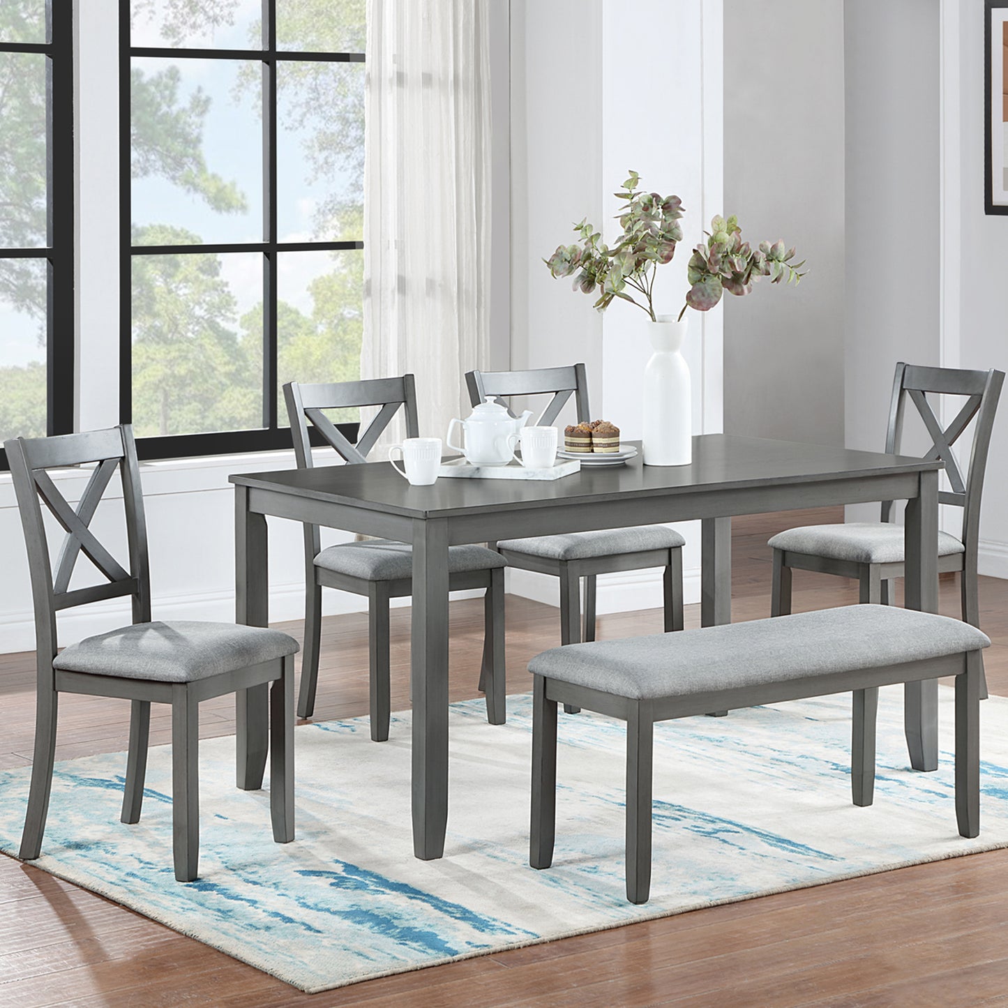 Xeno 6pc Dining Set Wooden Table 4x Side Chairs And Bench - Gray